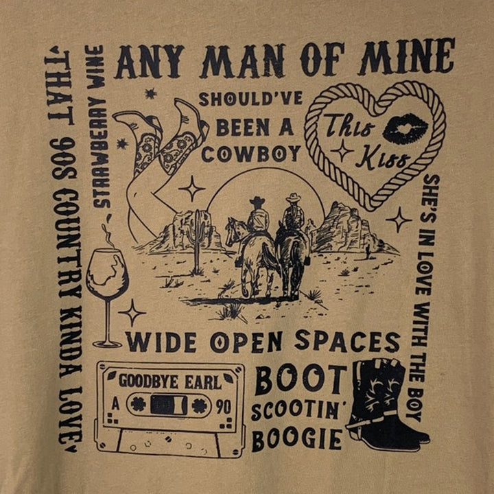New Upcycled Hand Printed Womens Medium Cowboy Boot Country Crew Neck Tee Shirt