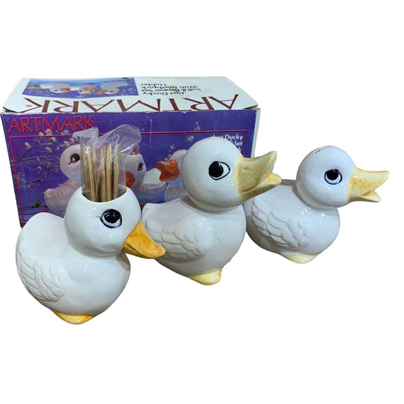 Vintage 1987 Just Ducky Salt & Pepper Shaker Toothpick Holder Ceramic Ducks