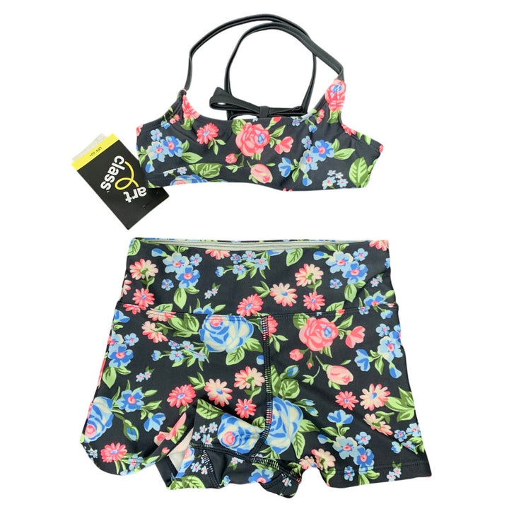 New Art Class Girls XS (4/5) Black Floral 2PC Bikini Shorts Swim Swimsuit Suit