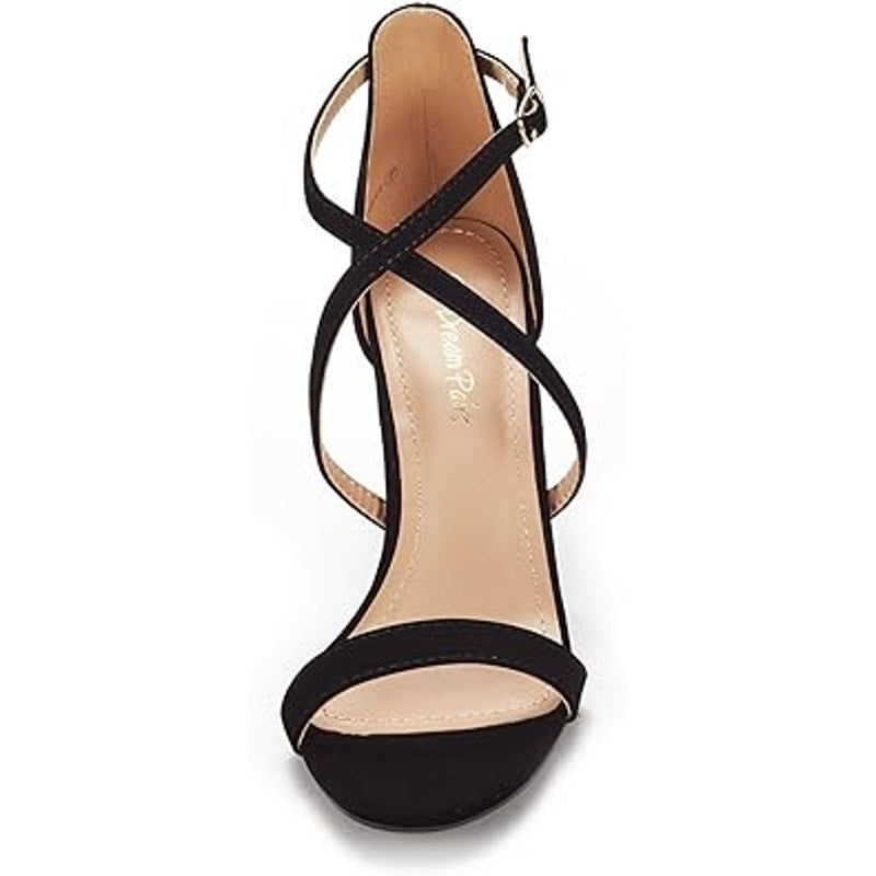 New Dream Pairs Womens Size 7 Black Faux Suede Open Toe 3.5" Heel Sandal Shoes