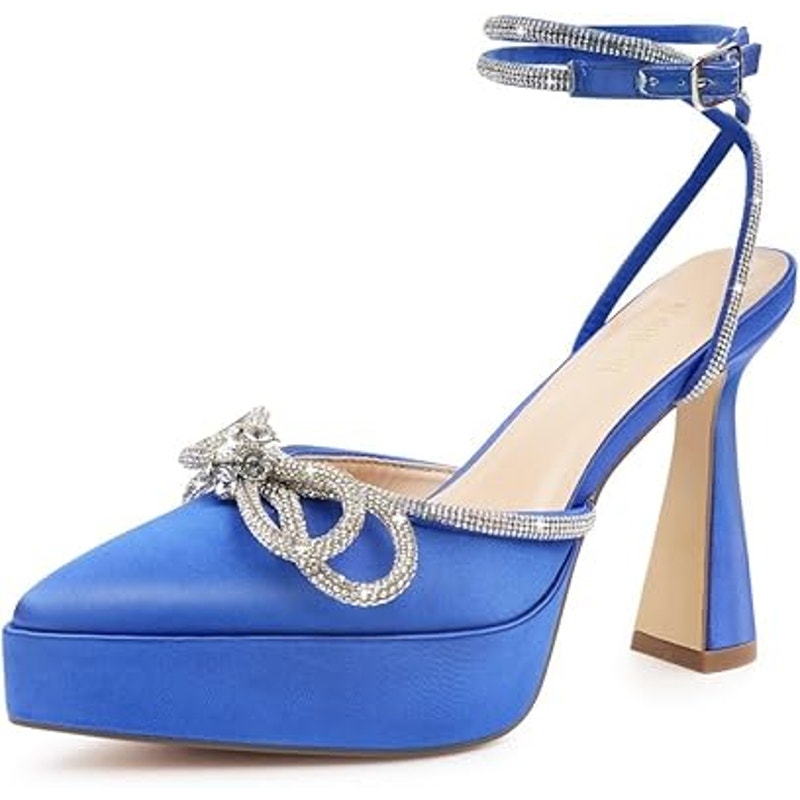 Jenn Ardor Womens Size 9 Blue Silver Bow 5" Heel Closed Toe Ankle Strap Shoes