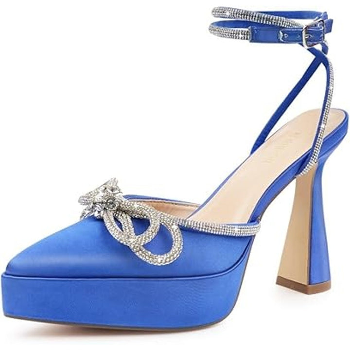 Jenn Ardor Womens Size 9 Blue Silver Bow 5" Heel Closed Toe Ankle Strap Shoes