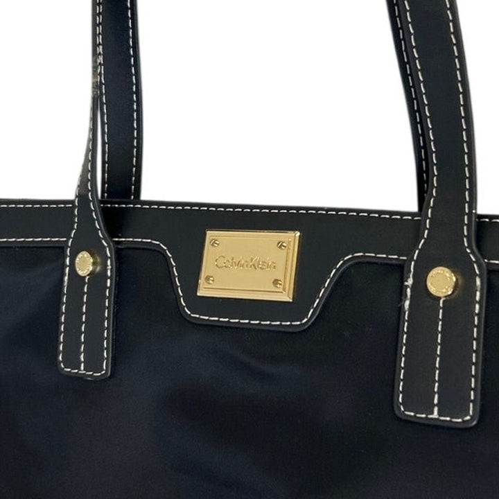 Calvin Klein Womens Black Faux Leather Trim Zipper Close Vinyl Shoulder Hand Bag