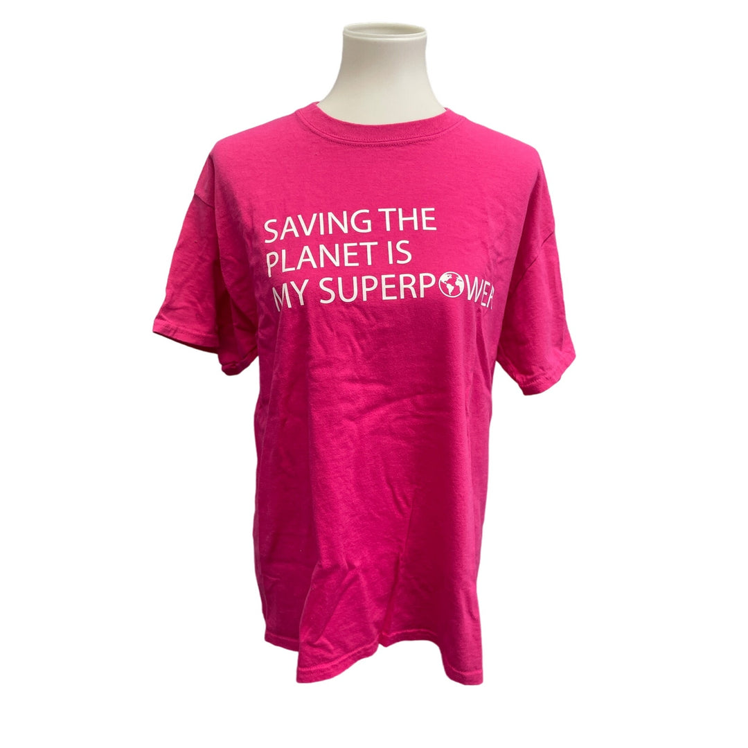 Hand Printed Upcycled Womens Large Saving the Planet is My Superpower Cotton Tee