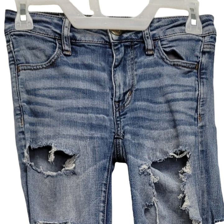 American Eagle Womens 0 Short Factory Whiskered, Faded &amp; Distressed Denim Jeans