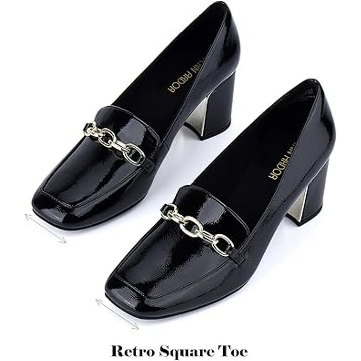 New Jenn Ardor Womens Size 8.5 Black Faux Leather Gold Chain 3" Block Heel Shoes