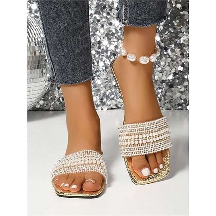 Gorglitter Womens 10.5 Gold Pearl Slip On Open Toe Wide Strap Flat Sandal Shoes