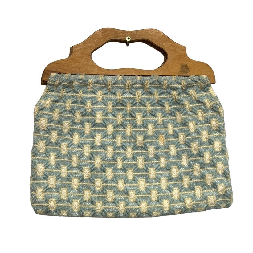 Vintage 1980s Handmade Wood Handle Woven Yarn Fabric Purse Handbag Bag