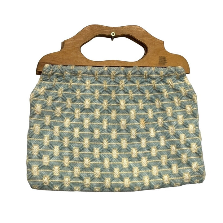 Vintage 1980s Handmade Wood Handle Woven Yarn Fabric Purse Handbag Bag