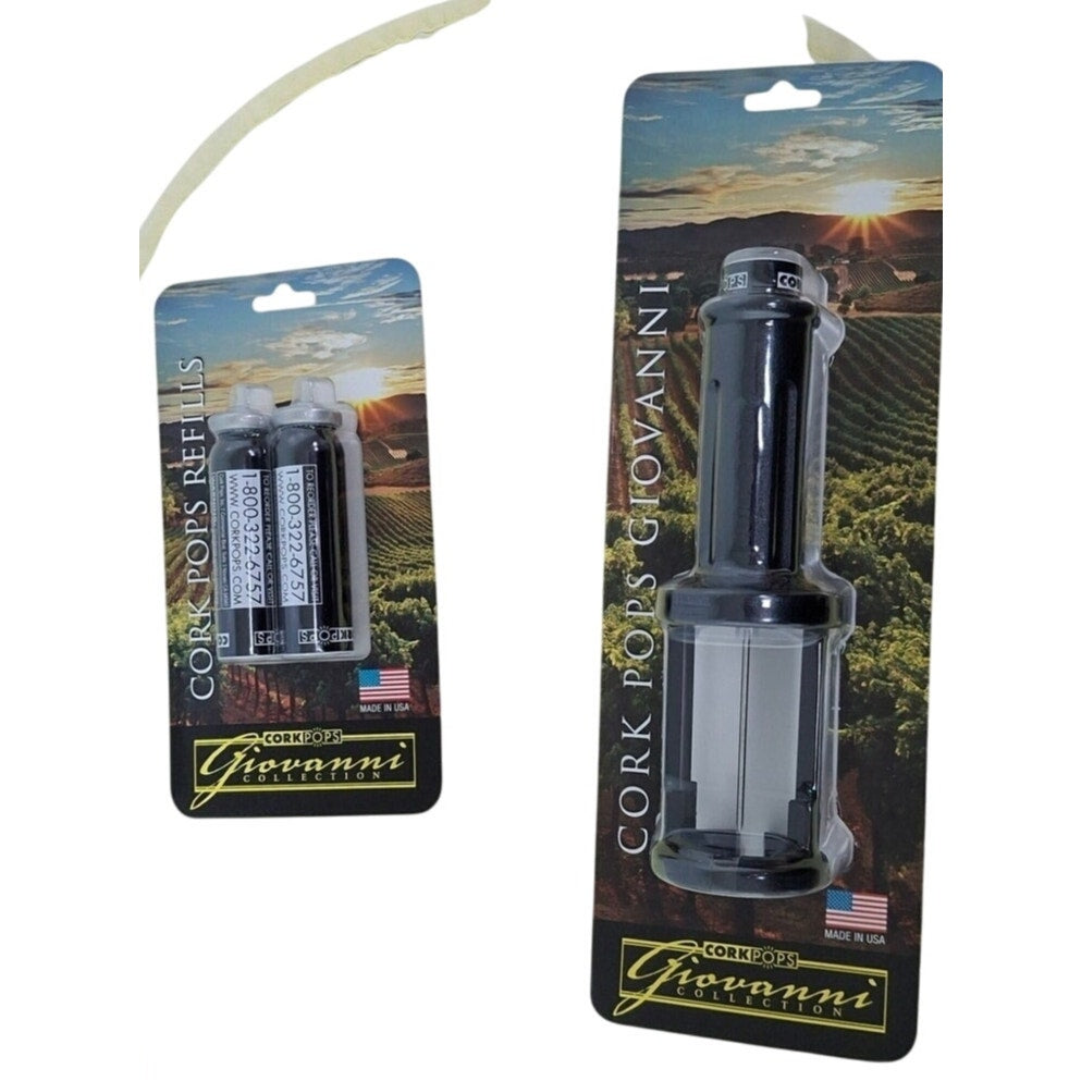 New Giovanni Collection Cork Pops CO2 Propelled Wine Bottle Opener w Refills
