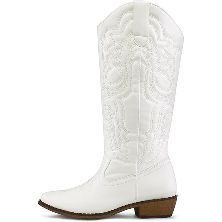 MySoft Womens Size 6.5 White Faux Leather 1.5" Chunky Heel Mid Calf Cowboy Boots