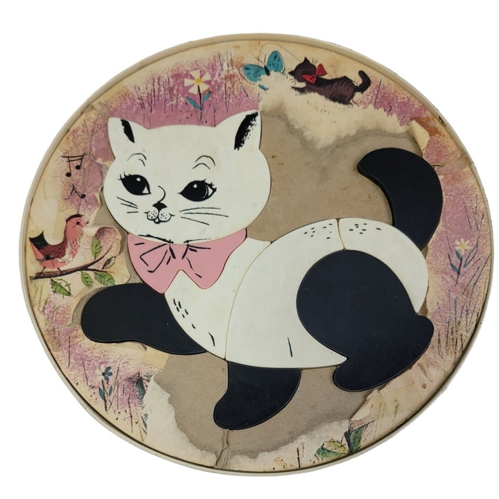 Vintage 1960s Plastic Pieces Toy Magnet Kitty Cat Round Jigsaw Puzzle Metal Tray
