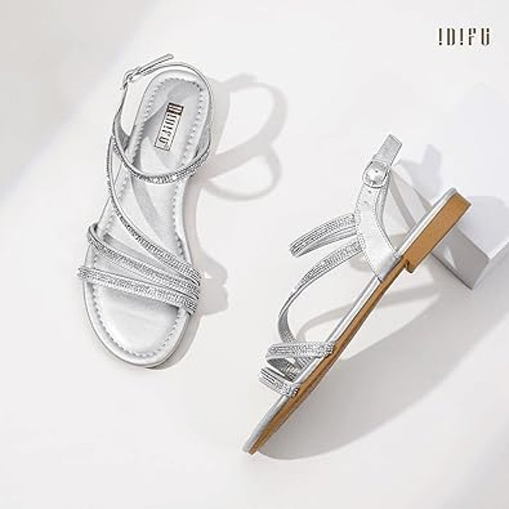 New Idifu Womens Size 10 Silver Rhinestone Sparkle Open Toe Buckle Strap Sandals