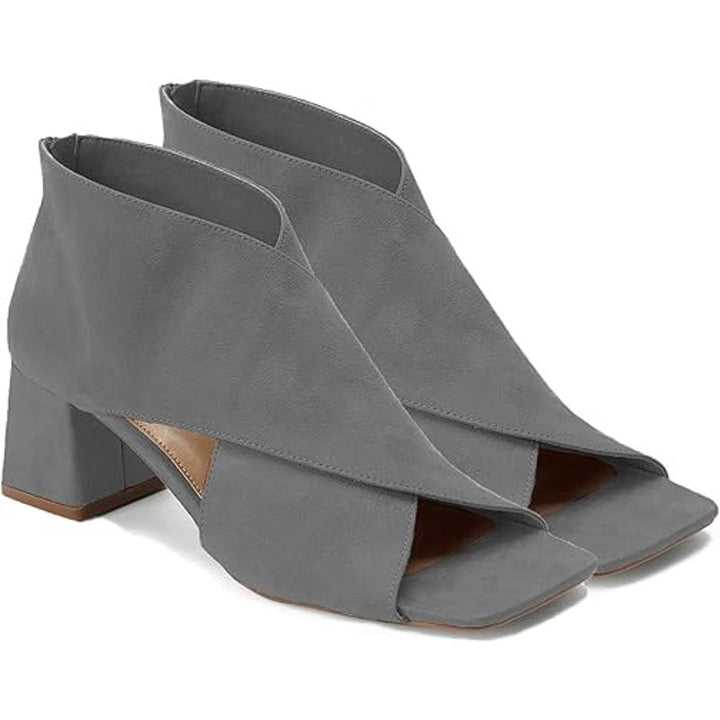 Lehoor Womens Size 10 Gray Faux Suede Open Toe 2.5" Block Heel Back Zip Shoes
