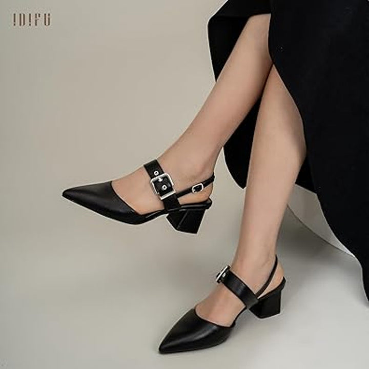 New Idifu Women 9 Black Faux Leather 2.75" Block Heel Pointy Toe Buckle Shoes