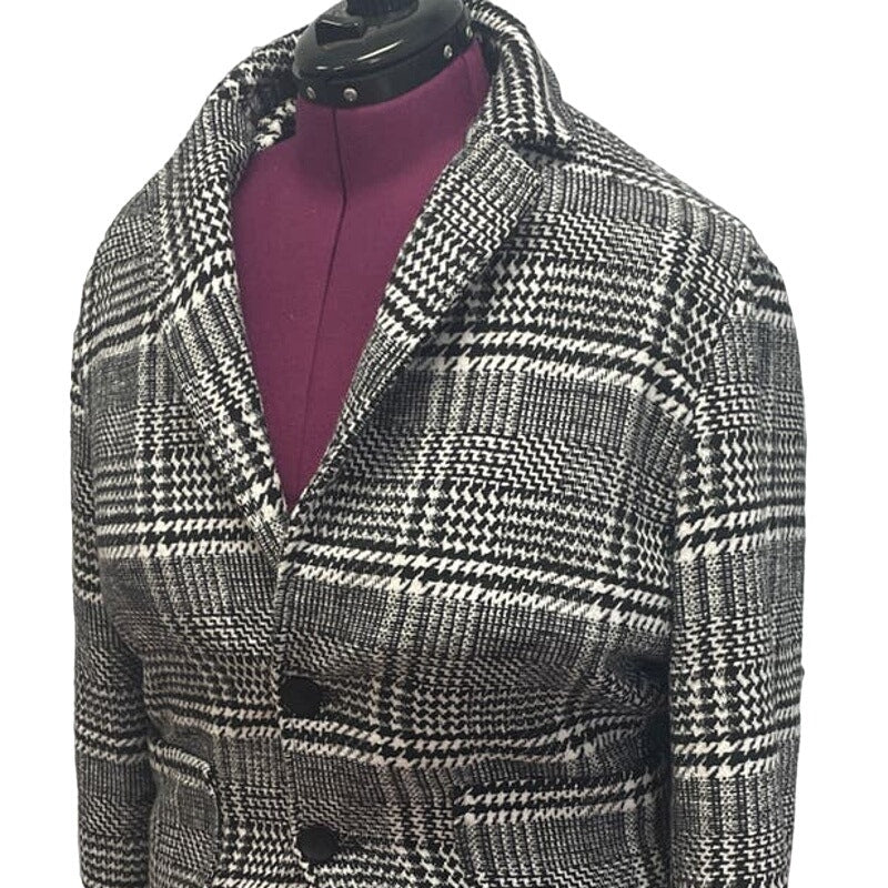 Womens Large Wool Blend Long Sleeve Front Button Black White Plaid Collared Coat