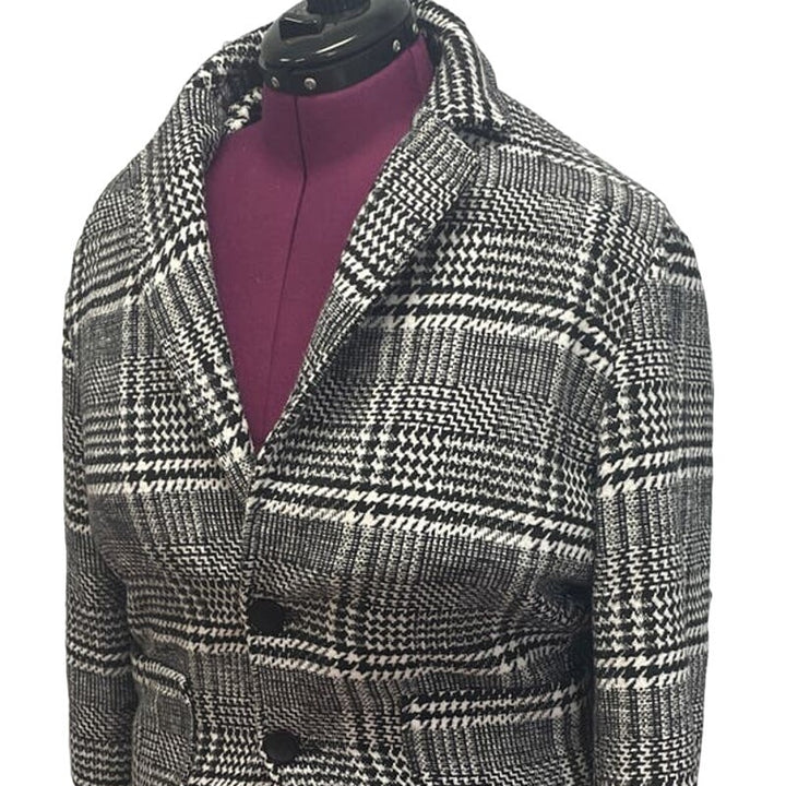Womens Large Wool Blend Long Sleeve Front Button Black White Plaid Collared Coat