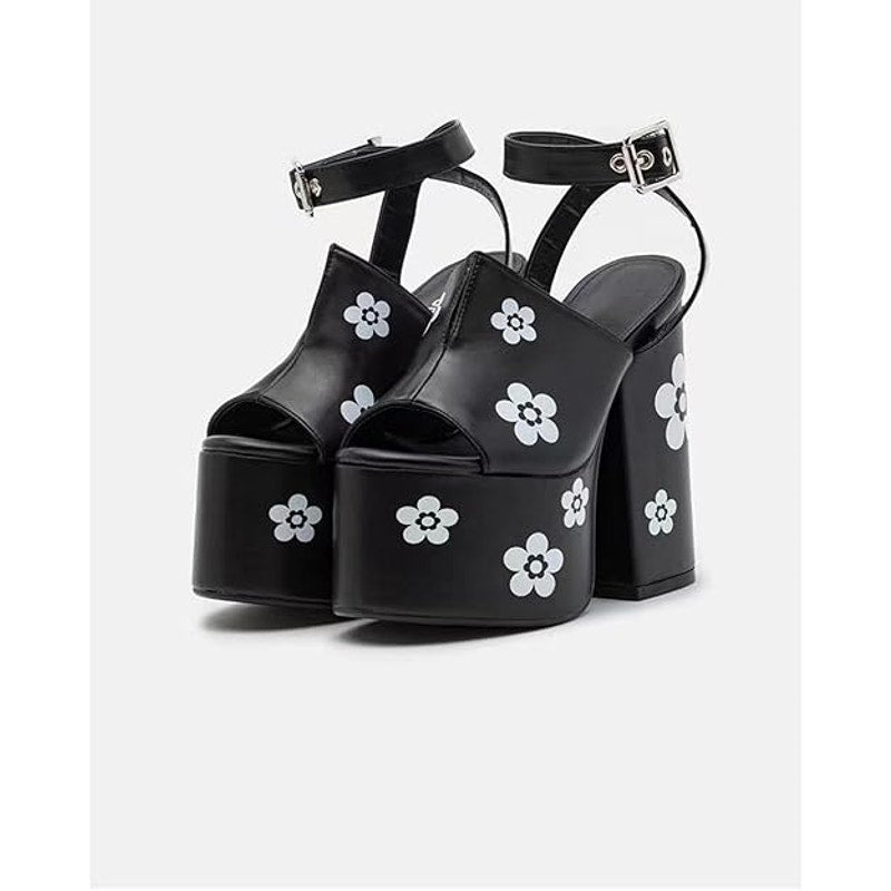 Detogni Womens Size 8 Black Flower Chunky 2.5" Platform 6" Heel Buckle Shoes