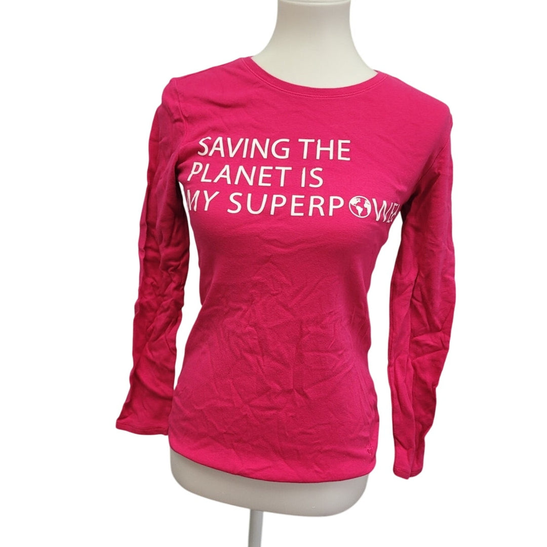 Hand Printed Upcycled Girls XL Saving the Planet Superpower Long Sleeve Tee