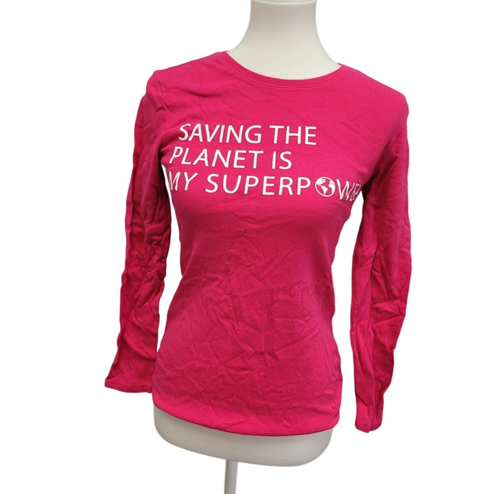 Hand Printed Upcycled Girls XL Saving the Planet Superpower Long Sleeve Tee