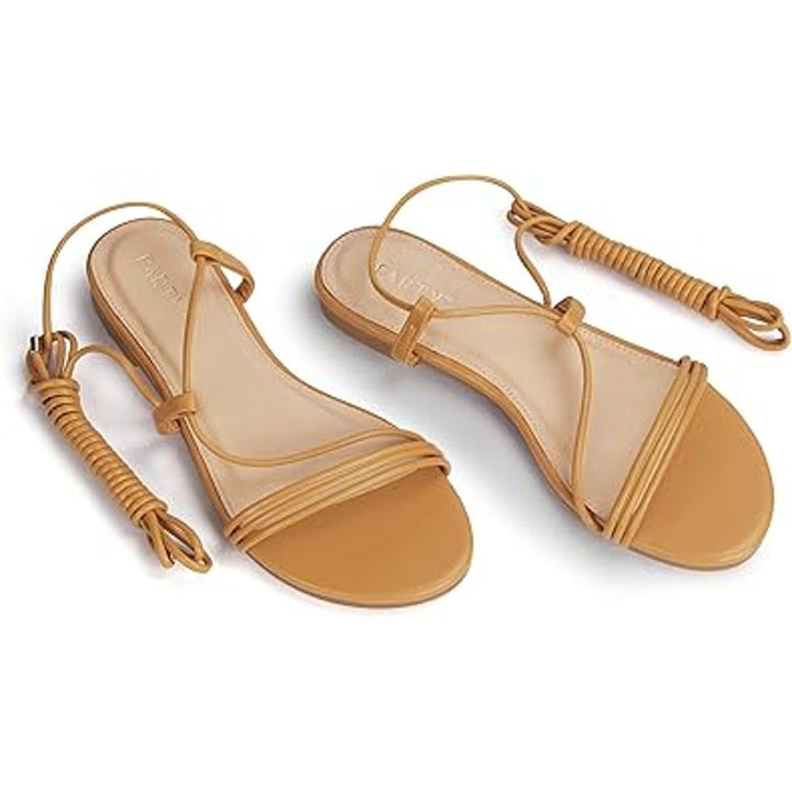 Party Womens Size 6 Tan Strappy Ankle Wrap Lace Up Open Toe Flat Sandal Shoes