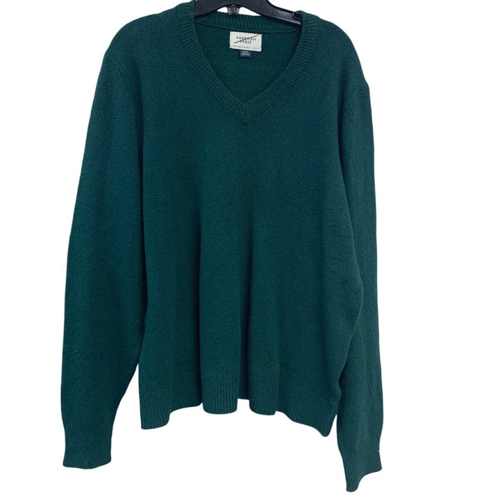 New American Eagle Womens Medium Dark Emerald Long Sleeve V Neck Knit Sweater