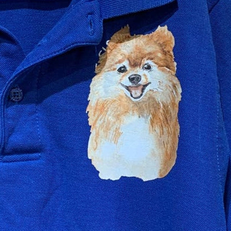 Upcycled Hand Printed Youth Large Pomeranian Puppy Dog Collared Polo Shirt