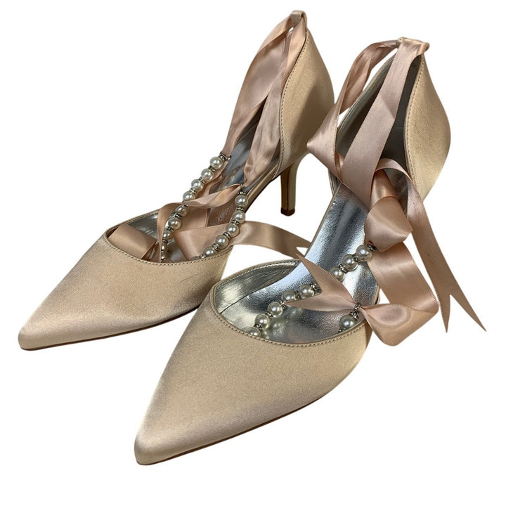 Womens Size 10 Champagne 3" Heel Closed Pointed Toe Pearl Ankle Tie Shoes