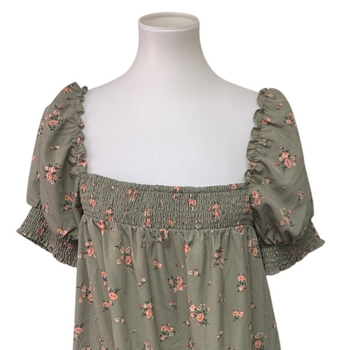 Forever 21 Womens Large Puff Sleeve Smocked Front Floral Cottage Babydoll Dress