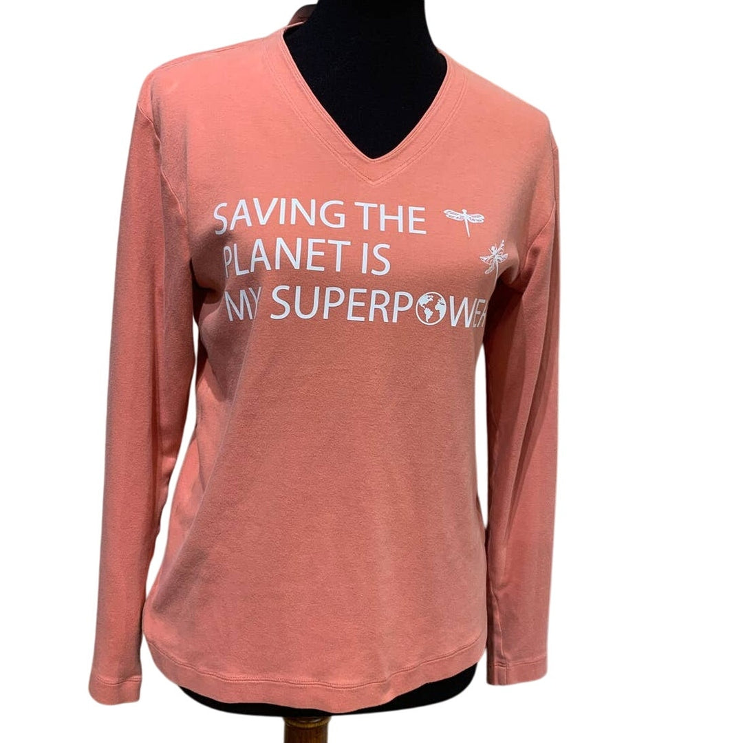 Hand Printed Upcycled Womens Medium Dragonfly Saving the Planet Superpower Tee