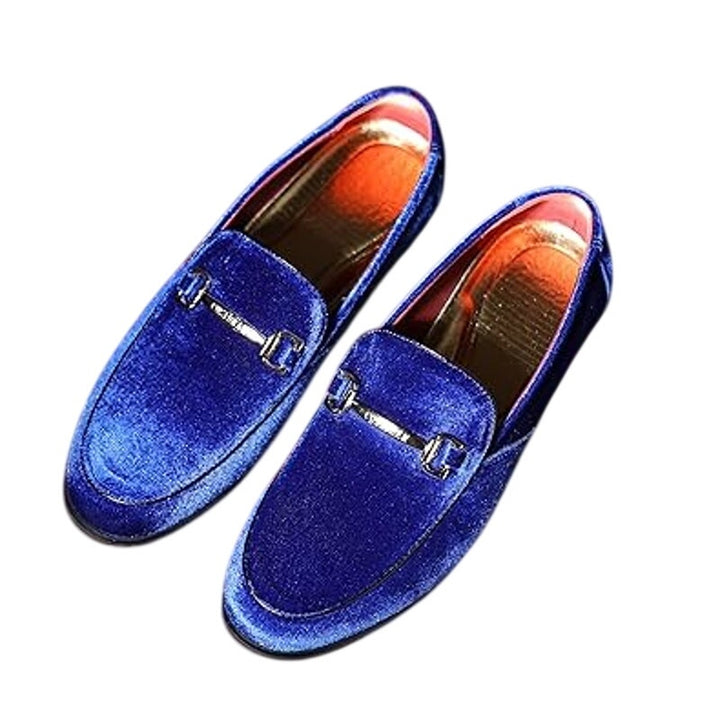 Cosidram Mens Size 15 Blue Velvet Gold Accent Slide On Low Heel Loafers Shoes