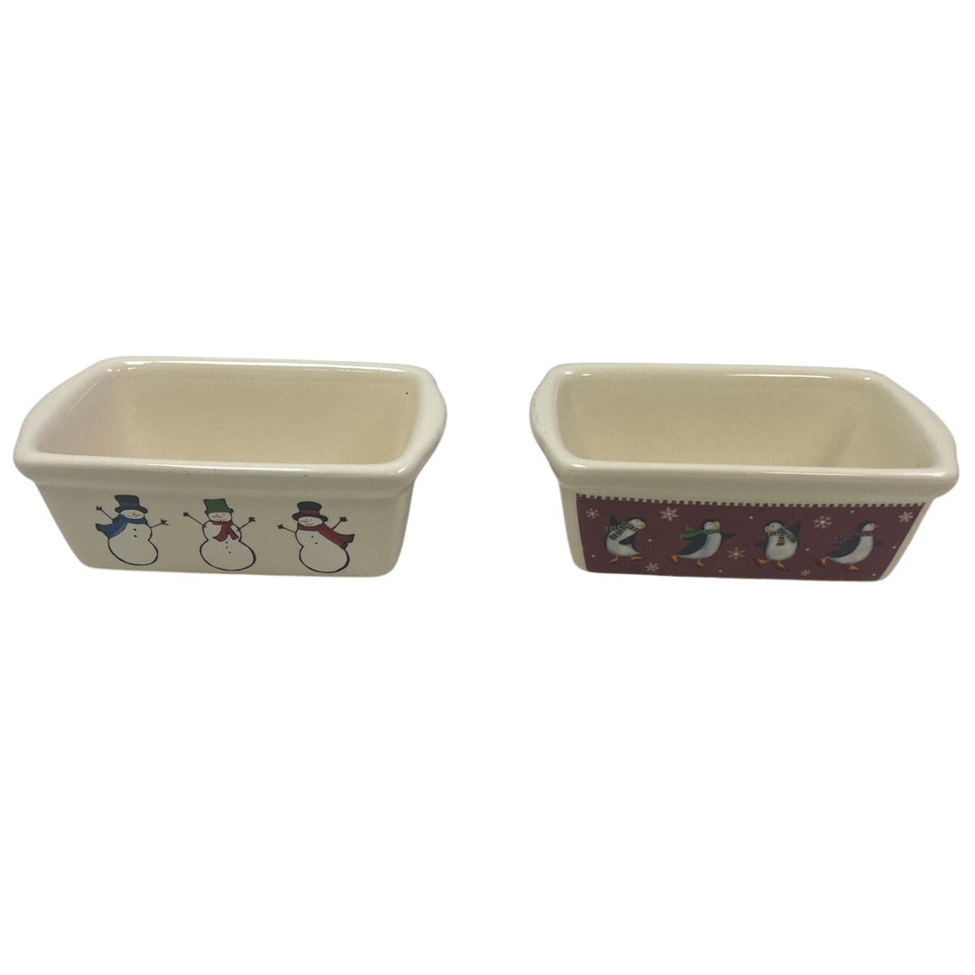Set of Two Snowman Winter Penguin Microwave &amp; Oven Safe Ceramic Mini Loaf Pans