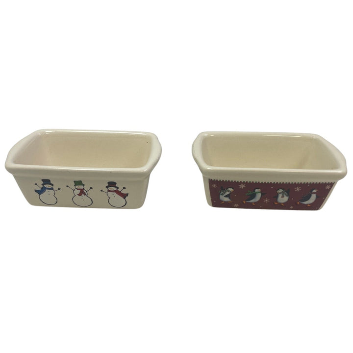 Set of Two Snowman Winter Penguin Microwave &amp; Oven Safe Ceramic Mini Loaf Pans