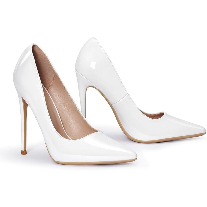 Genshou Womens Size 7 White Patent Leather 5" Heel Pointy Closed Toe Pumps Shoes