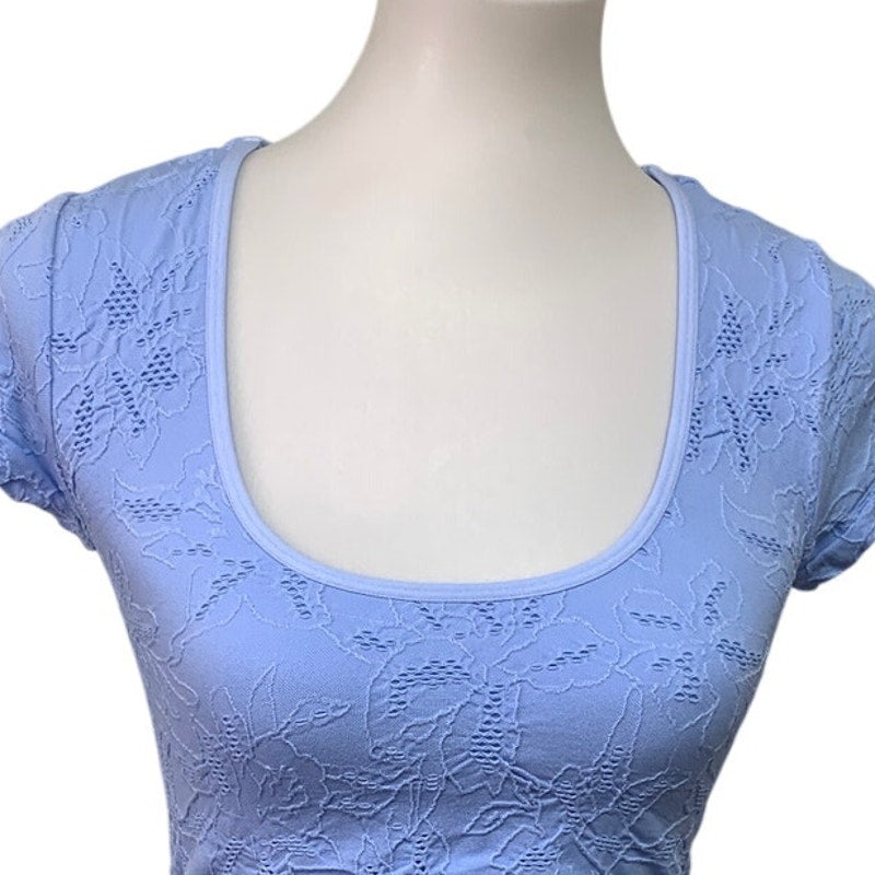New Aerie Womens XS Short Sleeve Embroidered Floral Lace Scoop Neck Cropped Top