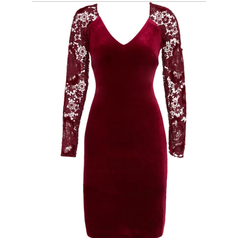 Badgley Mischka Size 8 Red Velvet Long Lace Sleeve Knee Length Sheath Dress Gown