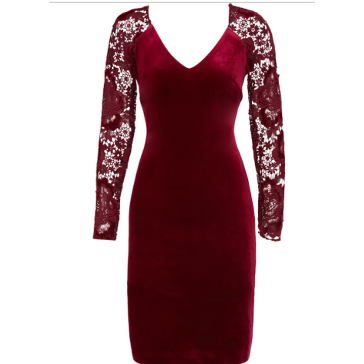 Badgley Mischka Size 8 Red Velvet Long Lace Sleeve Knee Length Sheath Dress Gown