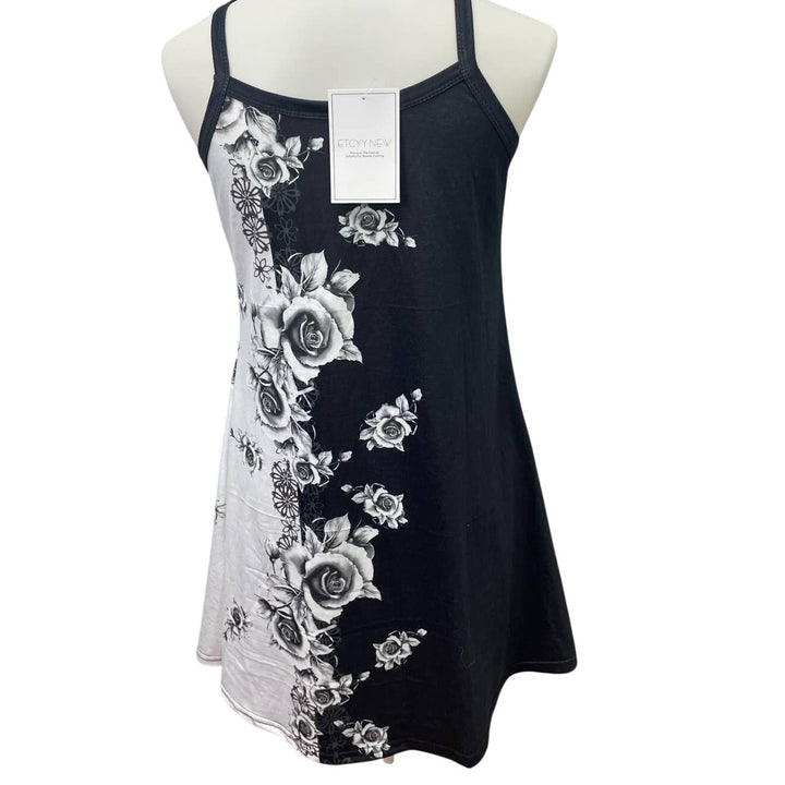 New ETCYYNEW Womens Medium Strappy Sleeveless A-Line Floral PolyCotton Dress