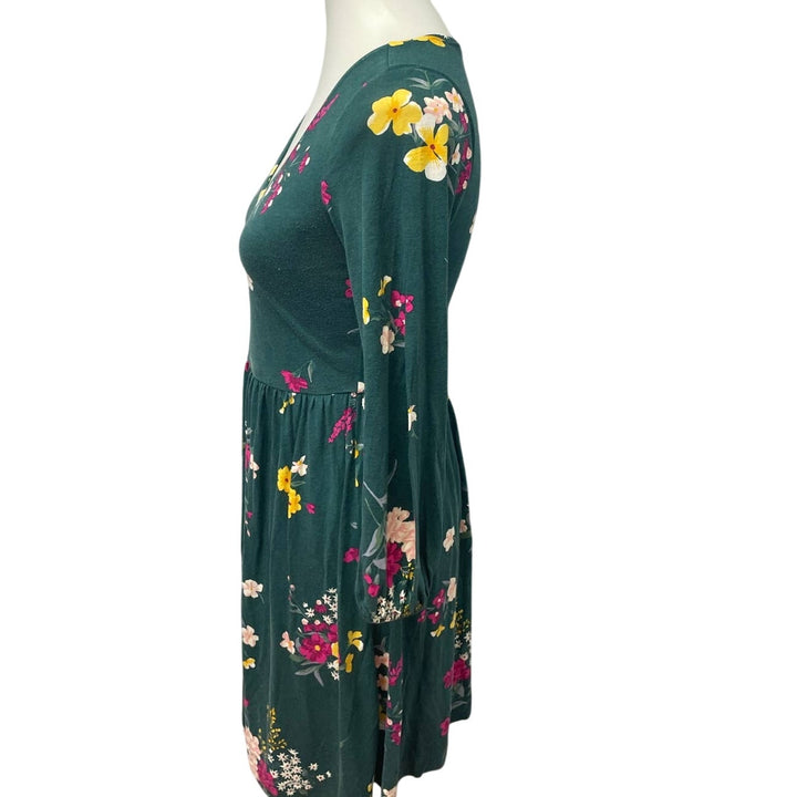 Old Navy XS Long Sleeve Deep V-Neck Rayon Blend Fit &amp; Flare Green Floral Dress