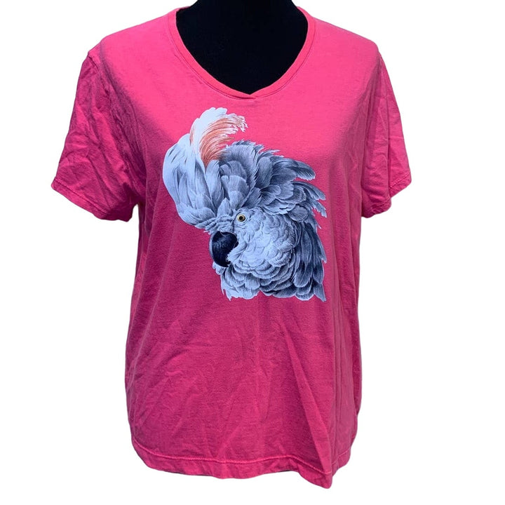 Upcycled Hand Printed Womens Large White Cockatoo Parrot Ukraine Fundraiser Tee
