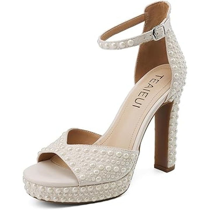 Teaieui Womens 7.5 White Pearl Open Toe 5" Heels Platform Block Sandals Shoes