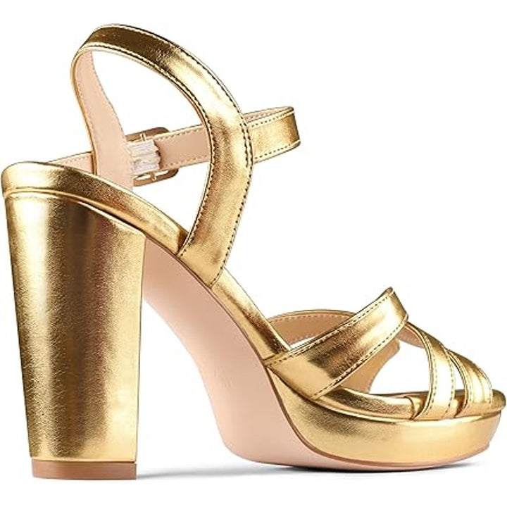 Merumote Womens Size 8 Shiny Gold Open Toe Ankle Strap 4" Chunky Heels Shoes