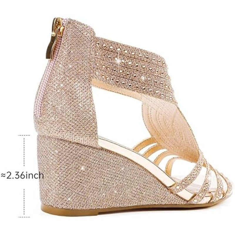 Gufobela Womens Size 7.5 Rose Gold Rhinestone Open Toe 2.5" Heel Sandal Shoes