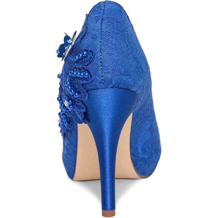 Emily Womens Size 9.5 Royal Blue Floral Lace Peep Toe 4" Heel Slip On Pump Shoes