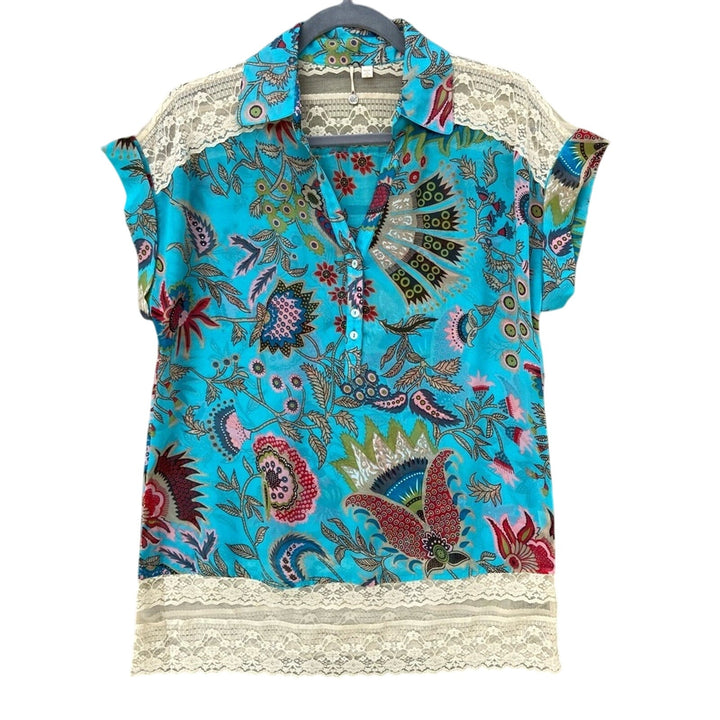 New Just Pearls Womens Medium Sheer/Lace Short Sleeve Floral Summer Blouse