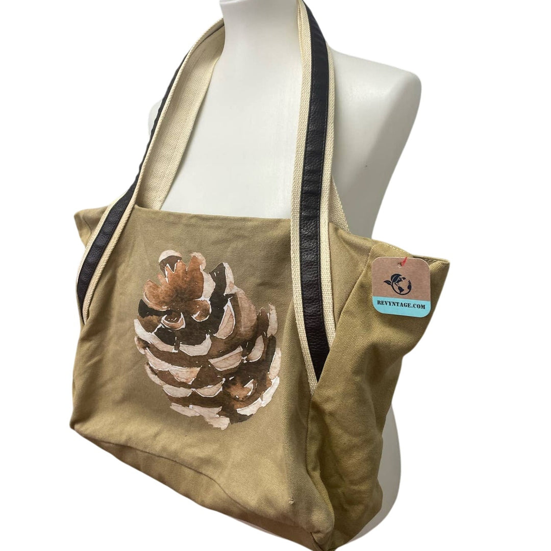 Hand Printed Upcycled Rustic Woody Pine Cone Canvas Tote Sholder Bag Handbag