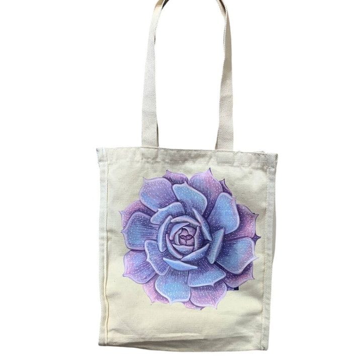 Hand Printed Upcycled Purple Succulent Cactus Rose Flower Small Canvas Tote Bag