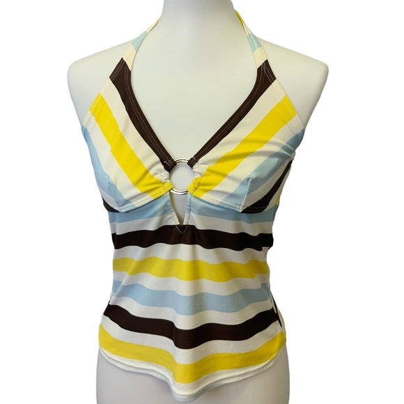 Sonoma Womens Size 10 Striped Deep V Silver Ring Neck Tie Swim Suit Halter Top