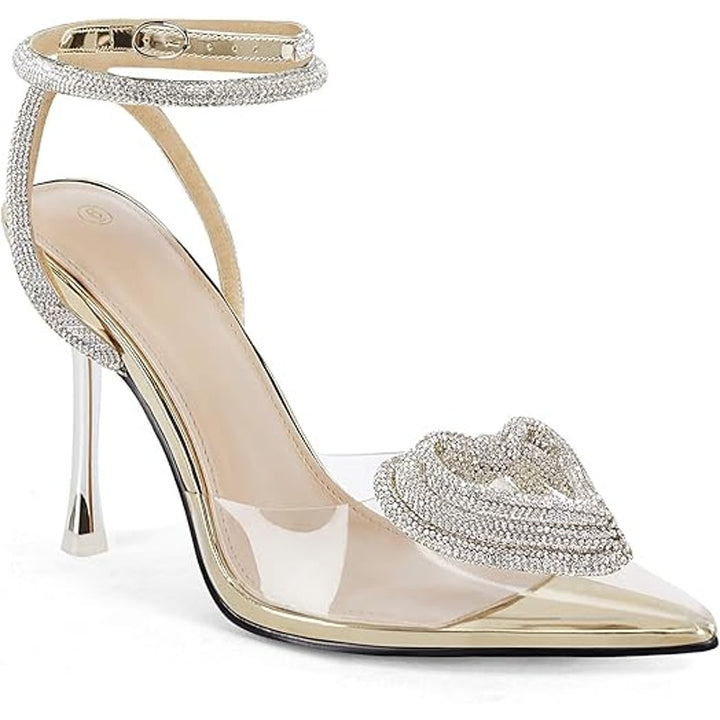 Coutgo Womens 8 Silver Sparkle Heart Clear Closed Toe 4" Heel Ankle Strap Shoes