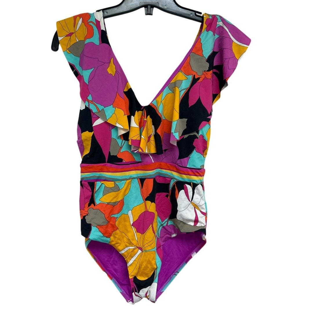 New Trina Turk Womens XS Tropical Floral V Neck Back Tie One Piece Swimsuit